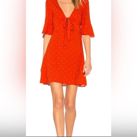 Free People All Yours Polka Dot V Neck Mini Dress in Red with Bow Detail - Picture 6 of 15